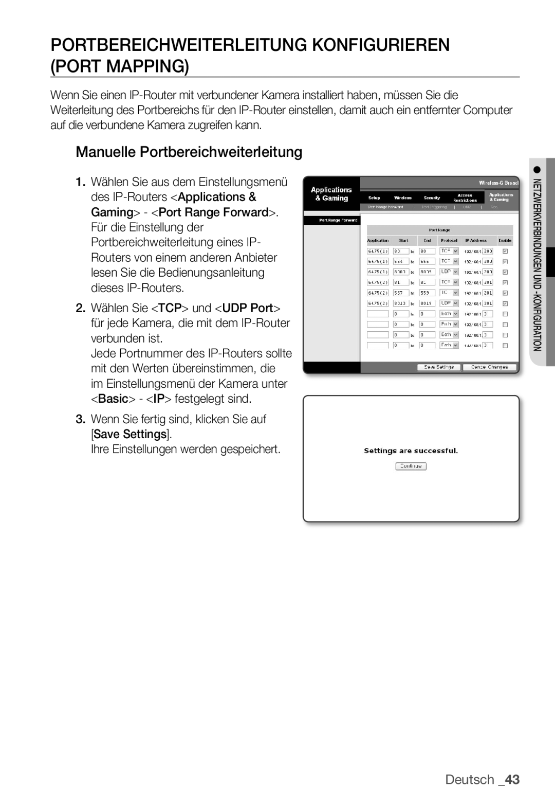 Samsung SNC-B5399P manual Portbereichweiterleitung Konfigurieren Port Mapping, Manuelle Portbereichweiterleitung 