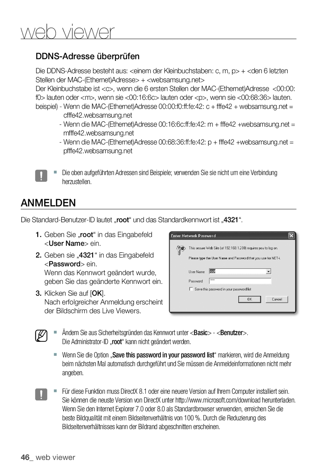 Samsung SNC-B5399P manual Anmelden, DDNS-Adresse überprüfen 