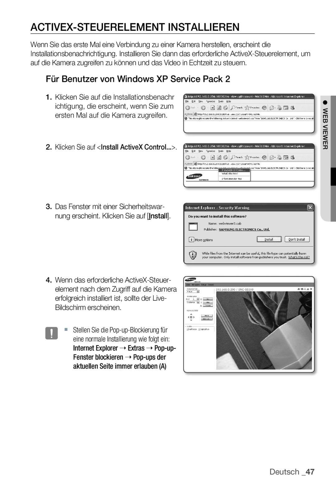 Samsung SNC-B5399P manual ACTIVEX-STEUERELEMENT Installieren, Für Benutzer von Windows XP Service Pack 