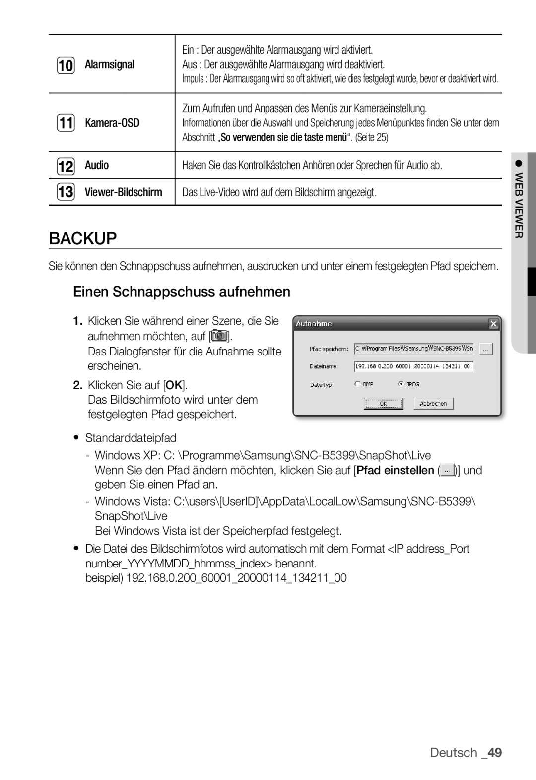 Samsung SNC-B5399P manual Backup, Einen Schnappschuss aufnehmen 