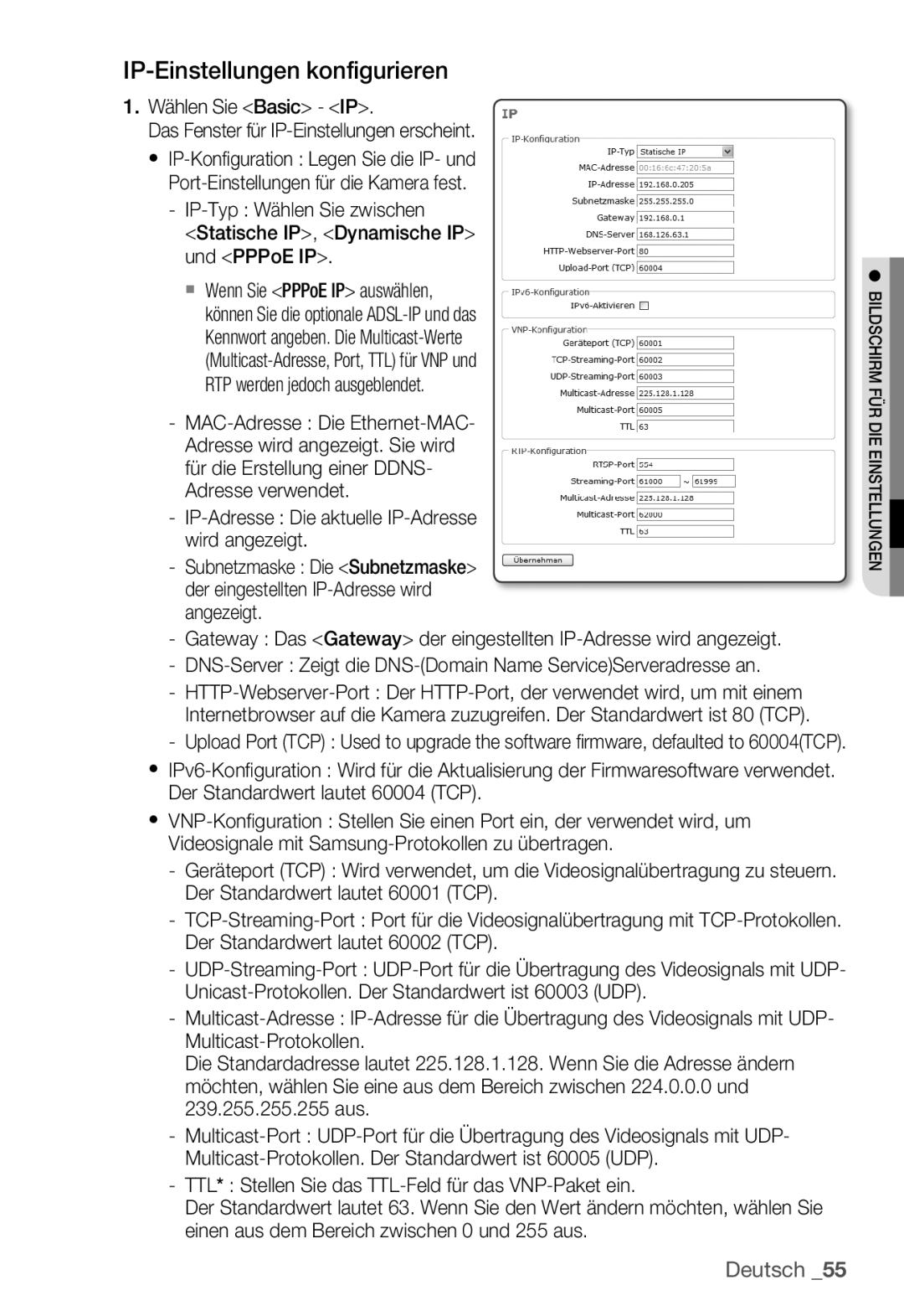 Samsung SNC-B5399P IP-Einstellungen konfigurieren, Wählen Sie Basic IP, IP-Adresse Die aktuelle IP-Adresse wird angezeigt 