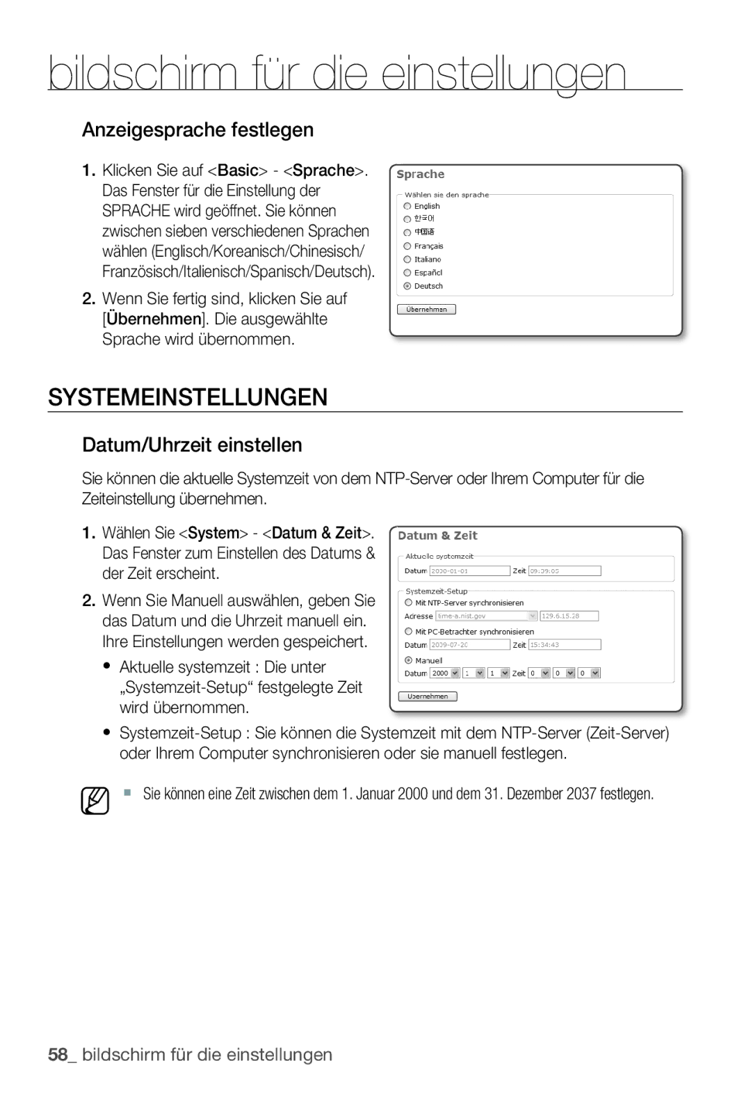 Samsung SNC-B5399P manual Systemeinstellungen, Anzeigesprache festlegen, Datum/Uhrzeit einstellen 