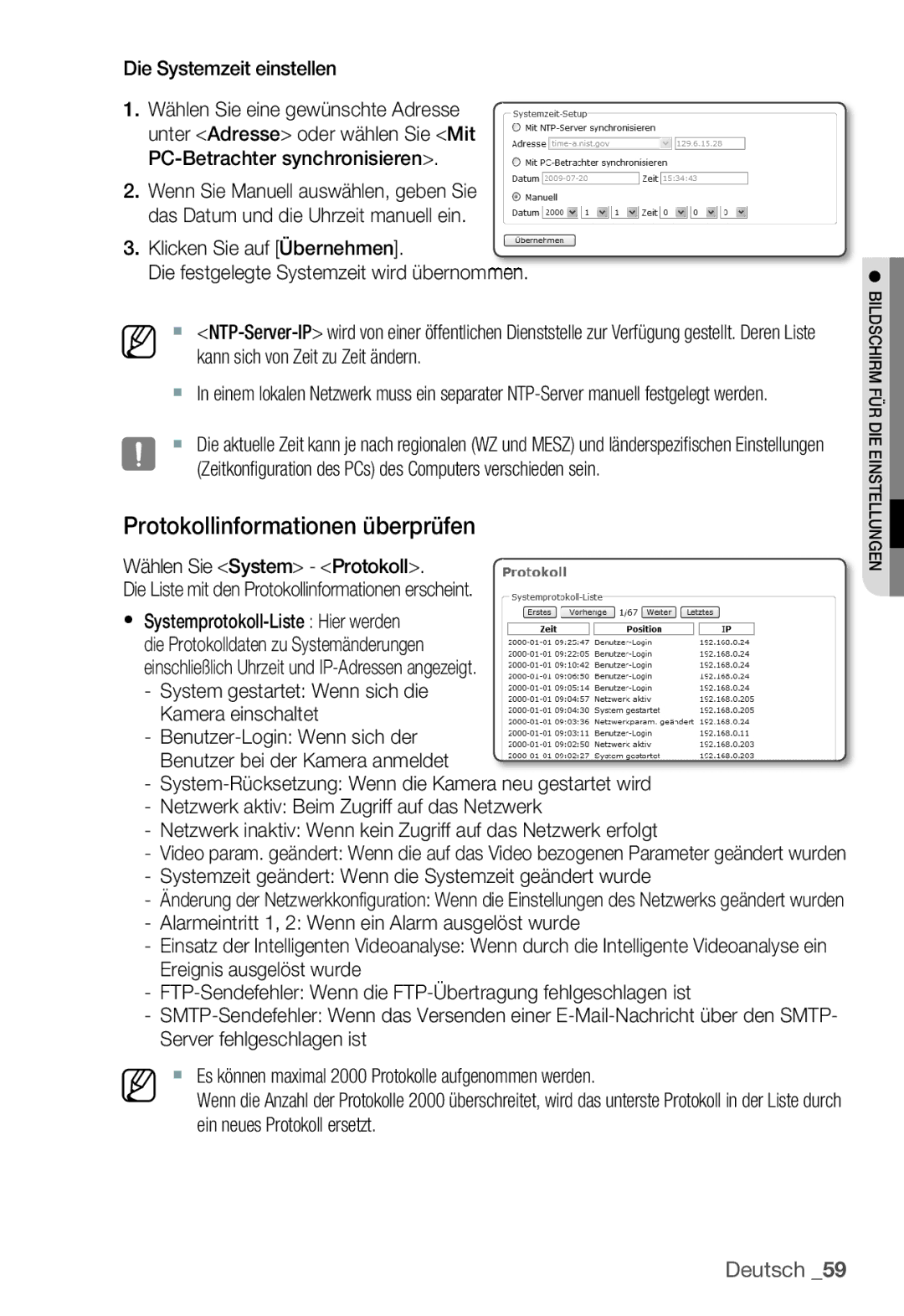 Samsung SNC-B5399P manual Protokollinformationen überprüfen, System gestartet Wenn sich die Kamera einschaltet 