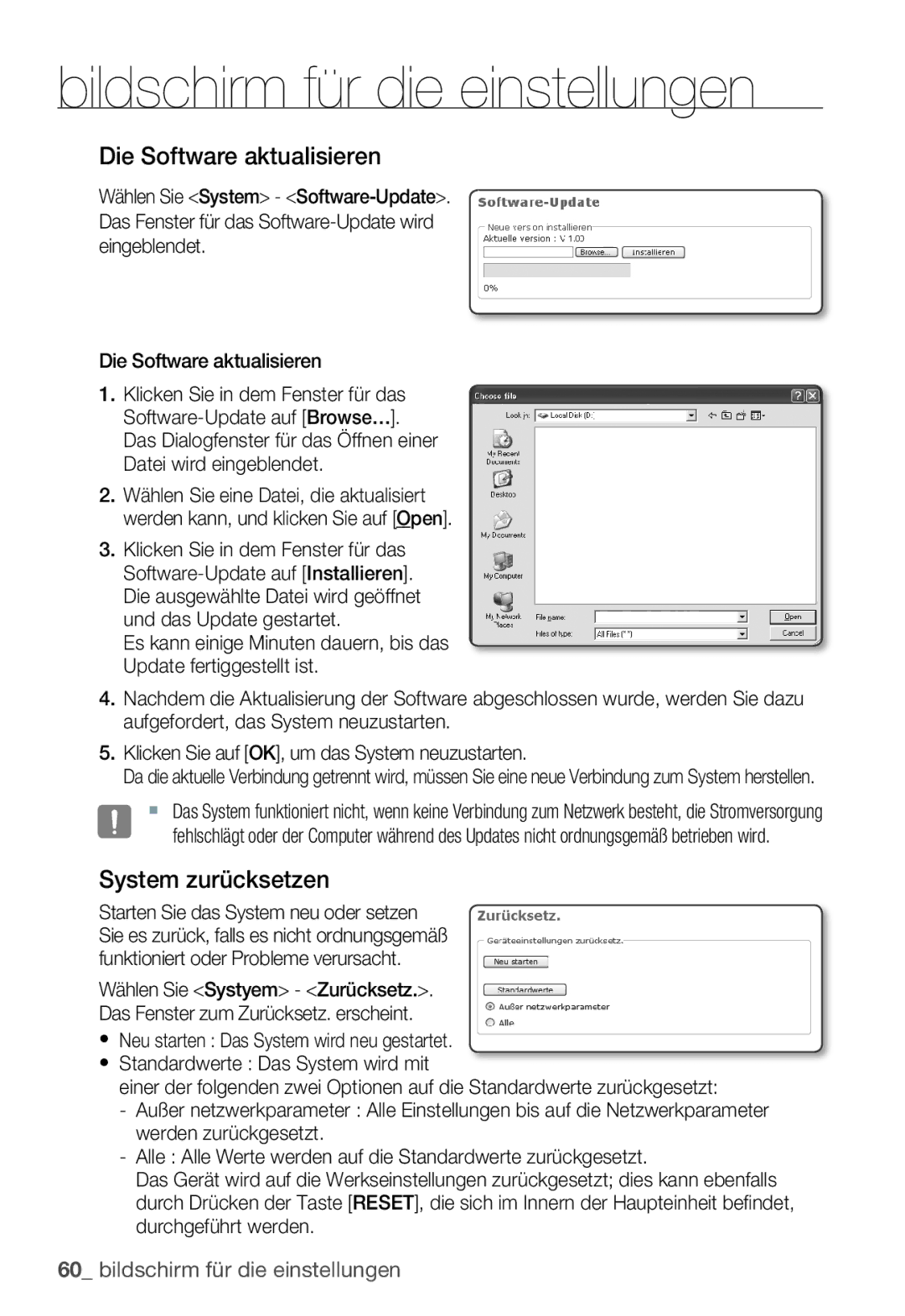 Samsung SNC-B5399P manual Die Software aktualisieren, System zurücksetzen 