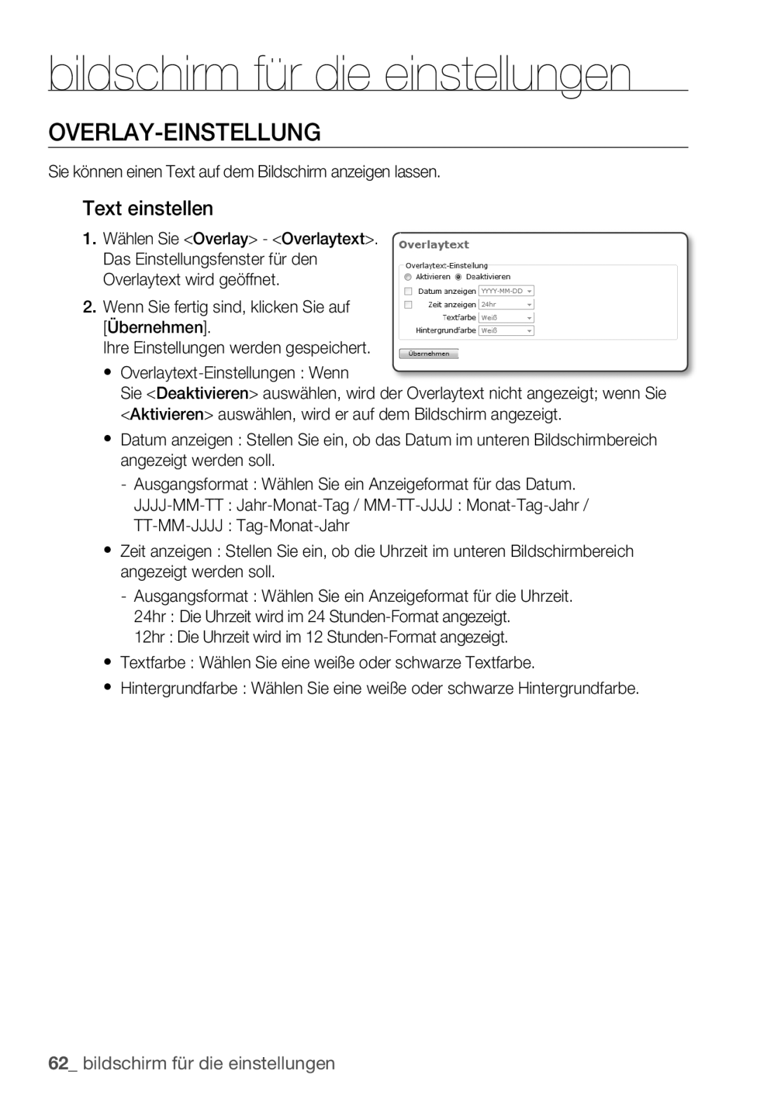 Samsung SNC-B5399P manual Overlay-Einstellung, Text einstellen, Sie können einen Text auf dem Bildschirm anzeigen lassen 