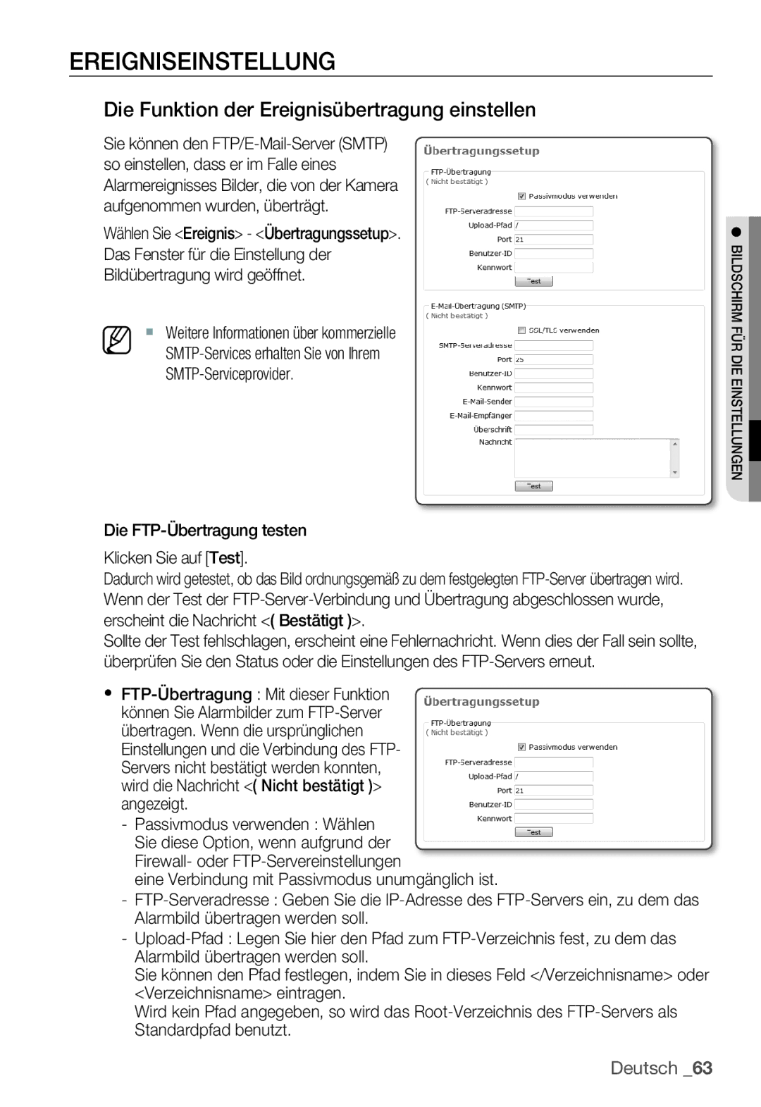 Samsung SNC-B5399P manual Ereigniseinstellung, Die Funktion der Ereignisübertragung einstellen 