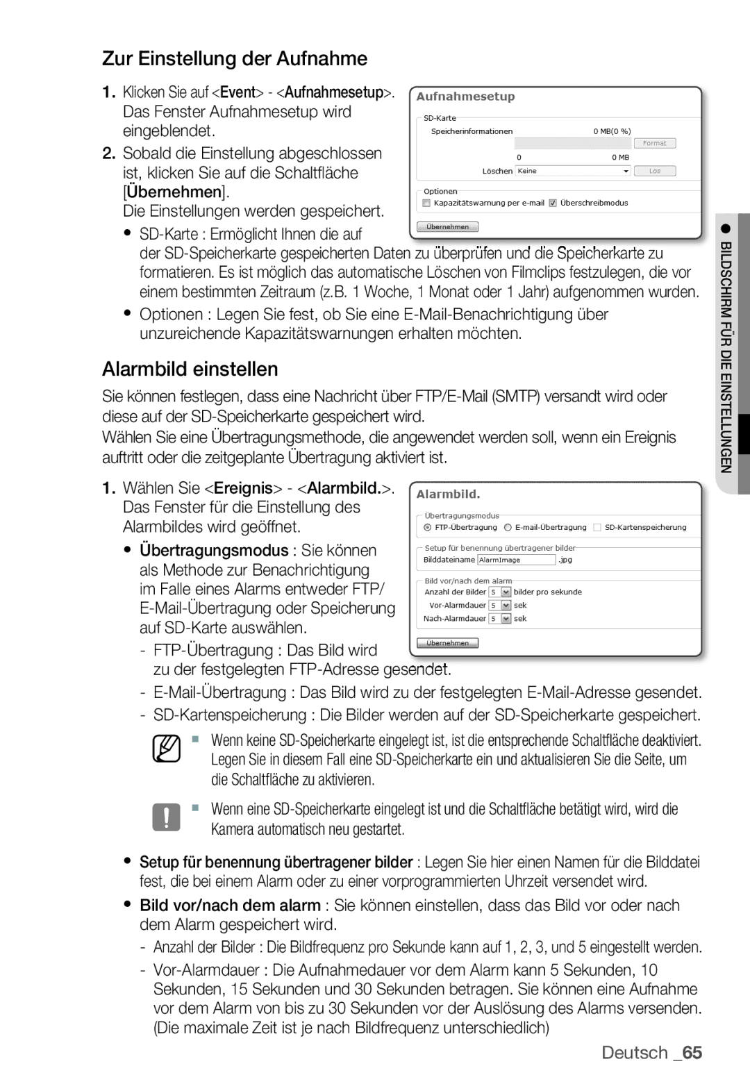 Samsung SNC-B5399P manual Zur Einstellung der Aufnahme, Alarmbild einstellen 