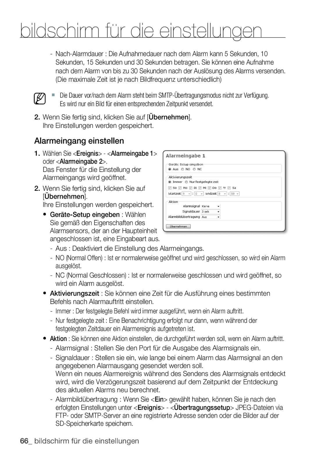 Samsung SNC-B5399P manual Alarmeingang einstellen, Wenn Sie fertig sind, klicken Sie auf Übernehmen 