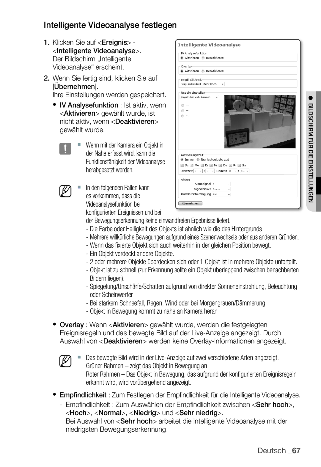 Samsung SNC-B5399P manual Intelligente Videoanalyse festlegen, Nicht aktiv, wenn Deaktivieren gewählt wurde 