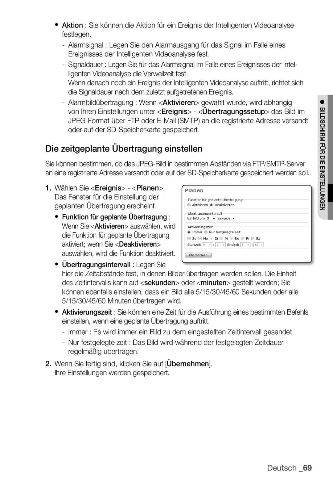 Samsung SNC-B5399P manual Die zeitgeplante Übertragung einstellen, Übertragungsintervall Legen Sie 