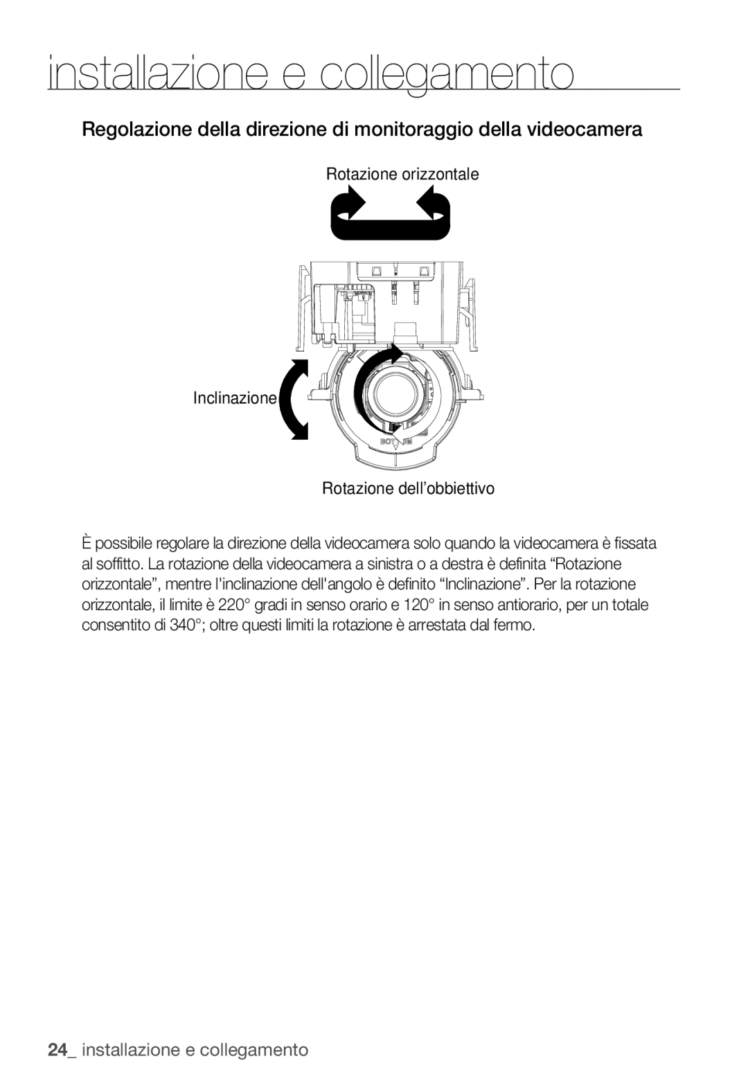 Samsung SNC-B5399P manual Rotazione orizzontale Inclinazione Rotazione dellobbiettivo 