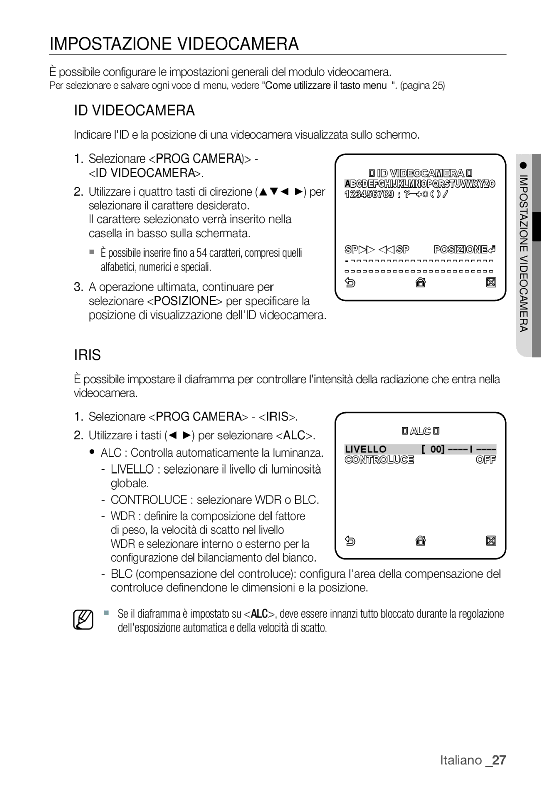 Samsung SNC-B5399P manual Impostazione Videocamera, ID Videocamera, Iris 