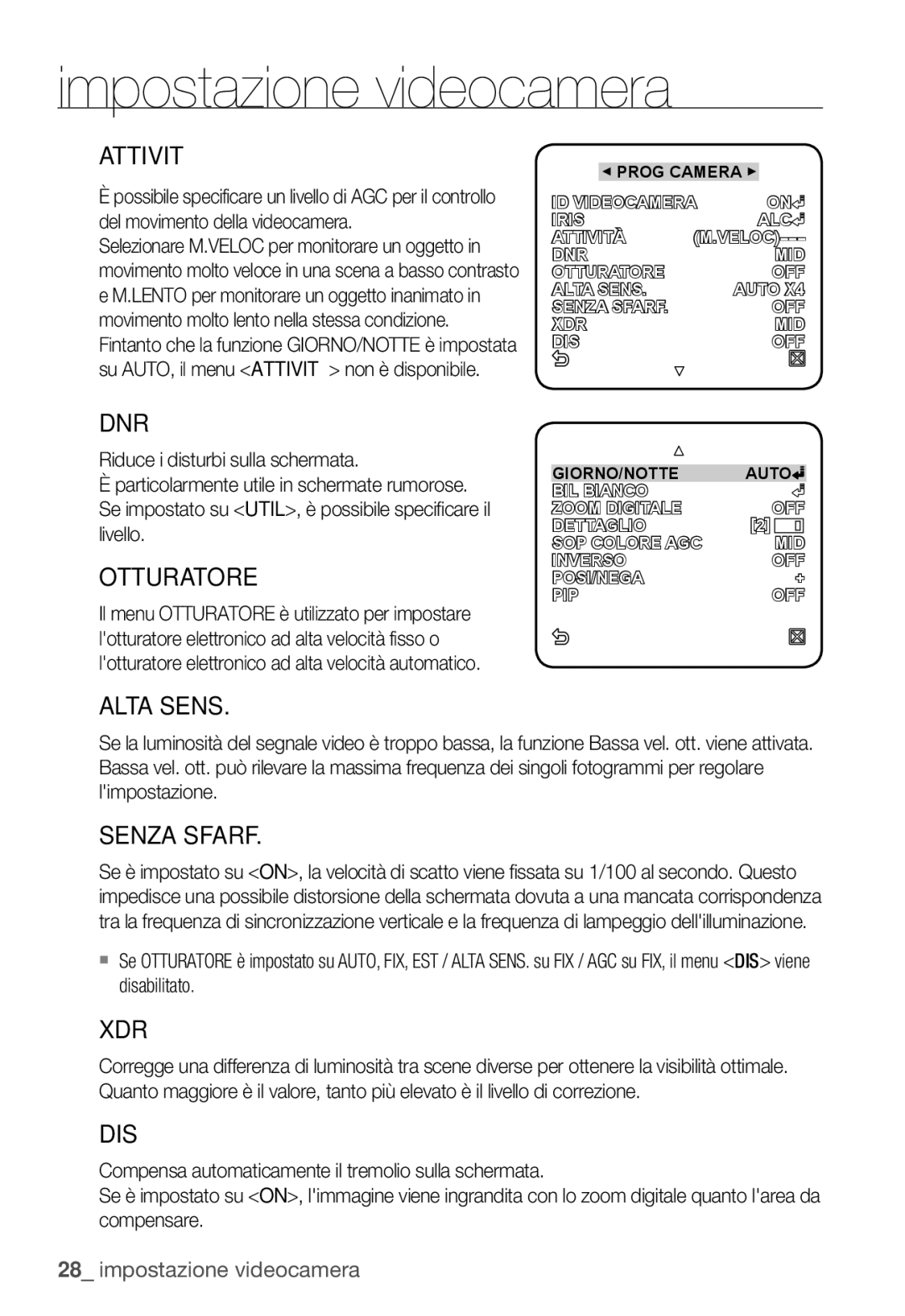 Samsung SNC-B5399P manual Attività, Dnr, Otturatore, Alta Sens, Senza Sfarf, Xdr, Dis 