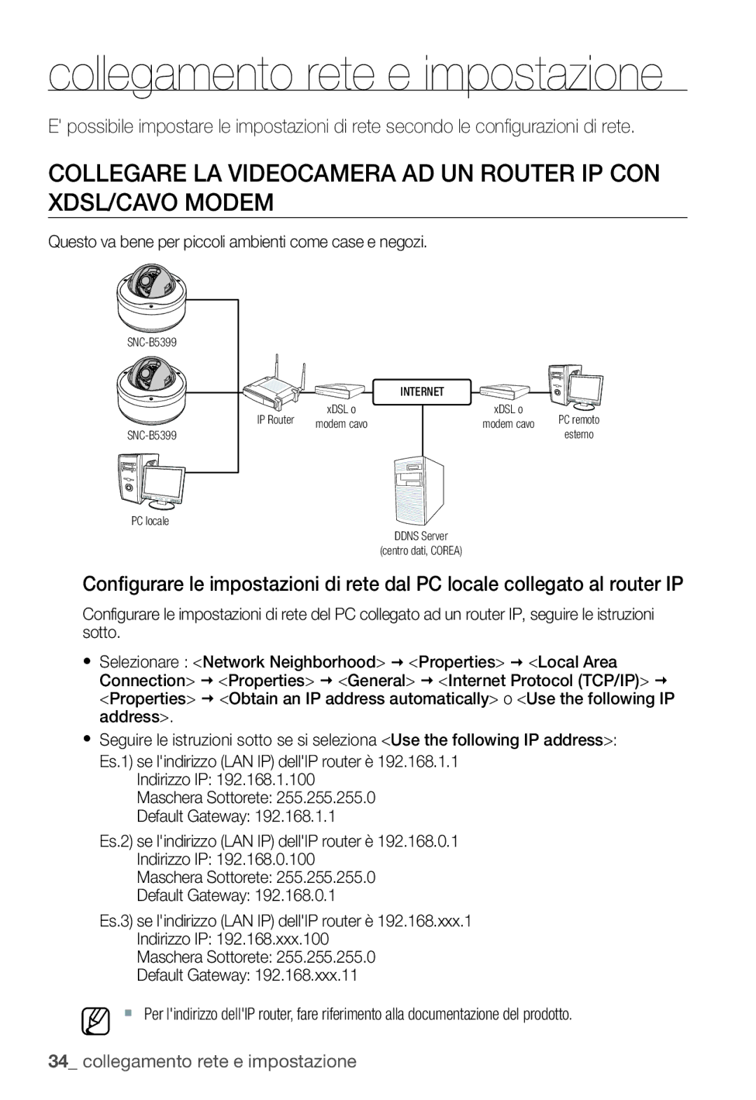 Samsung SNC-B5399P manual Collegare LA Videocamera AD UN Router IP CON XDSL/CAVO Modem 