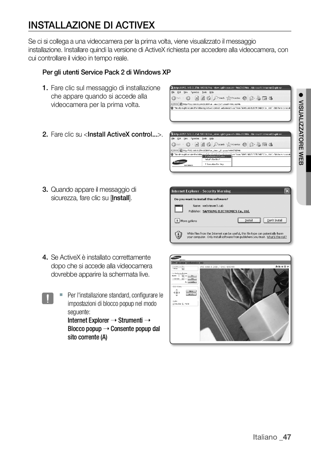 Samsung SNC-B5399P manual Installazione DI Activex, Fare clic su Install ActiveX control 