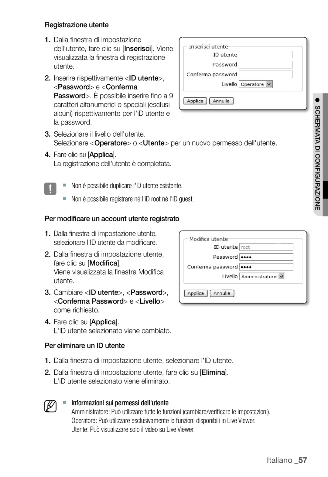 Samsung SNC-B5399P manual Utente Può visualizzare solo il video su Live Viewer 