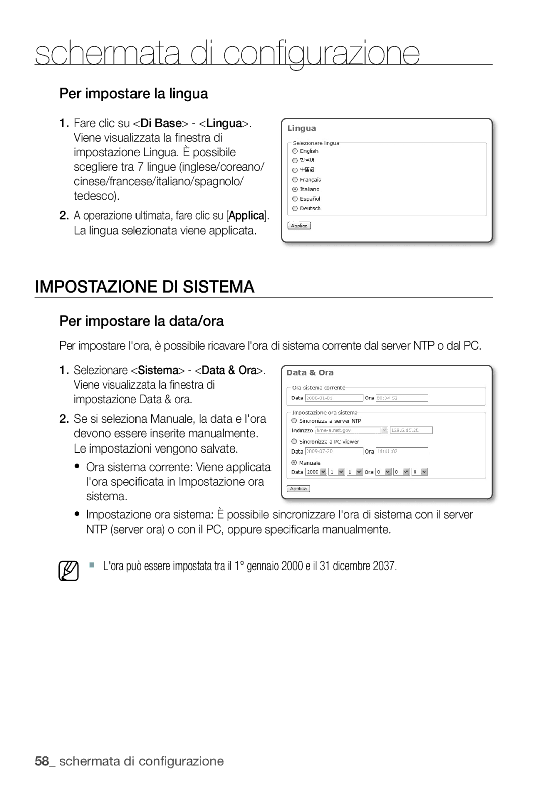 Samsung SNC-B5399P manual Impostazione DI Sistema, Per impostare la lingua, Per impostare la data/ora 