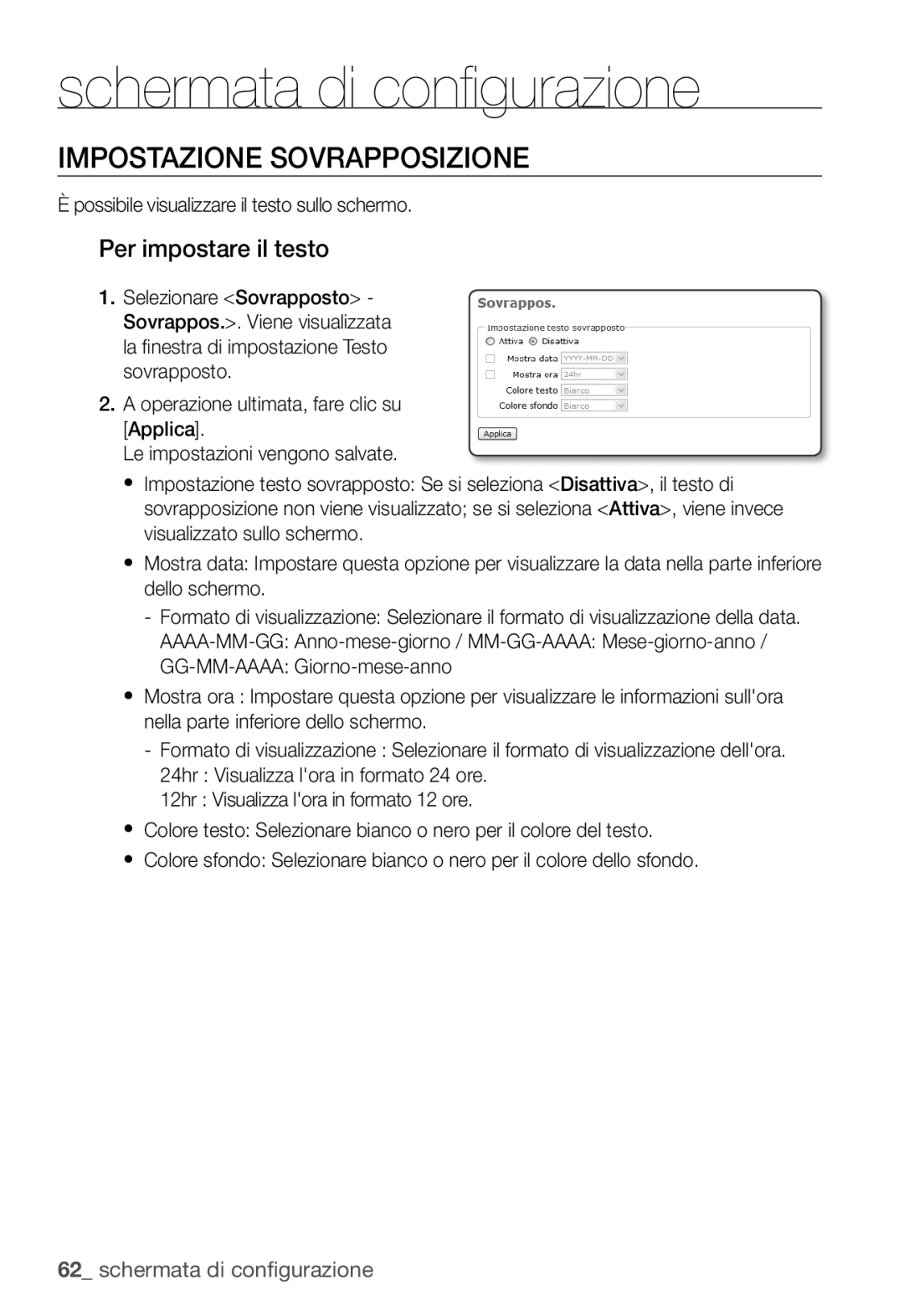 Samsung SNC-B5399P Impostazione Sovrapposizione, Per impostare il testo, Possibile visualizzare il testo sullo schermo 