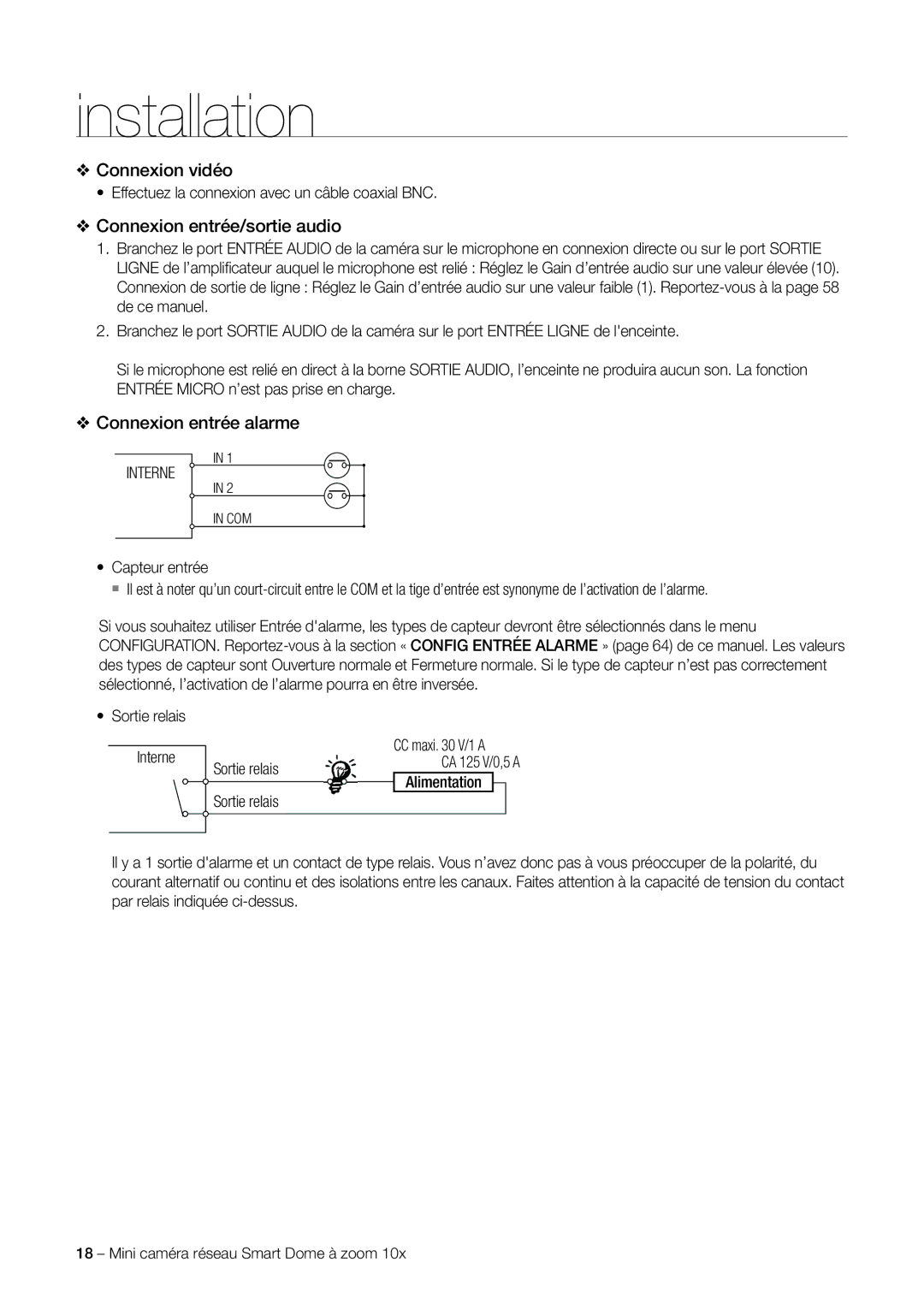 Samsung SNC-C6225P, SNC-C7225P manual Connexion vidéo, Connexion entrée/sortie audio, Connexion entrée alarme, Interne 