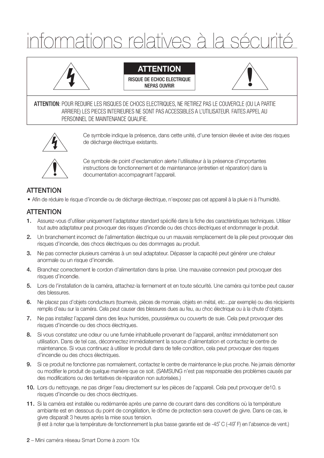 Samsung SNC-C6225P, SNC-C7225P manual Informations relatives à la sécurité 