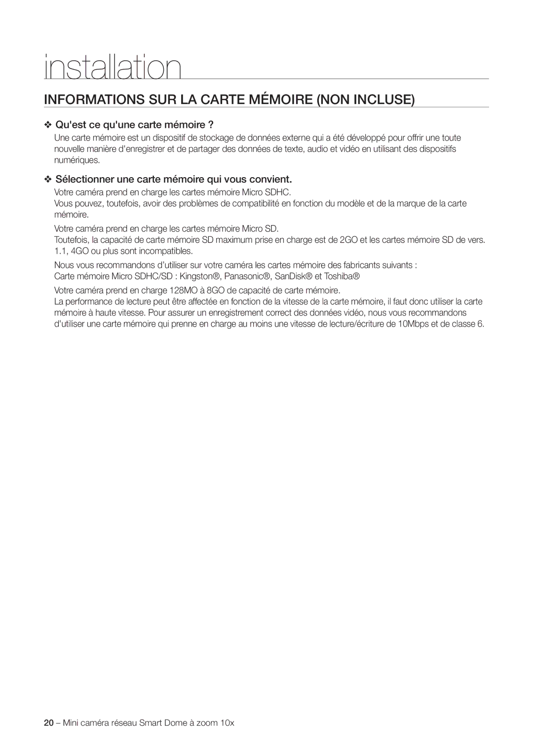 Samsung SNC-C6225P, SNC-C7225P manual Informations SUR LA Carte Mémoire NON Incluse, Quest ce quune carte mémoire ? 