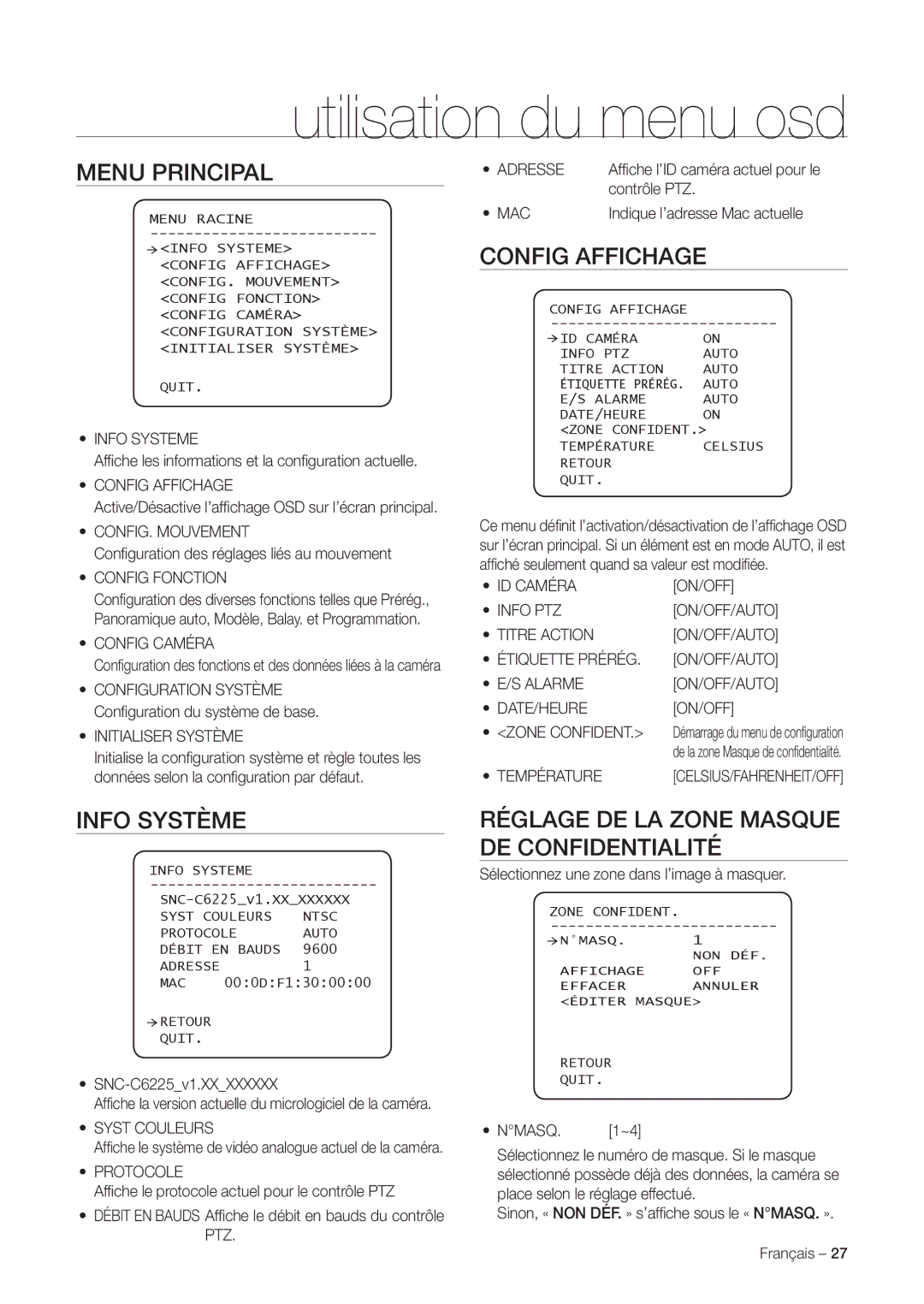 Samsung SNC-C7225P manual Menu Principal, Config Affichage, Info Système, Réglage DE LA Zone Masque DE Confidentialité 