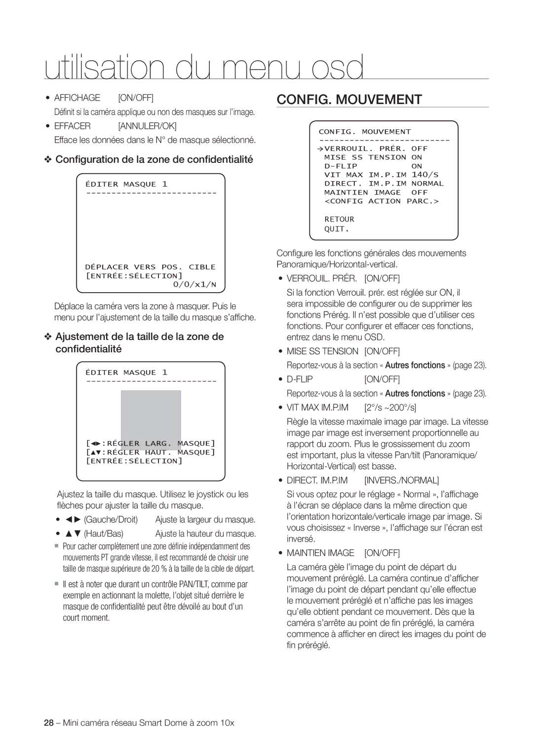 Samsung SNC-C6225P, SNC-C7225P manual CONFIG. Mouvement, Conﬁguration de la zone de conﬁdentialité 