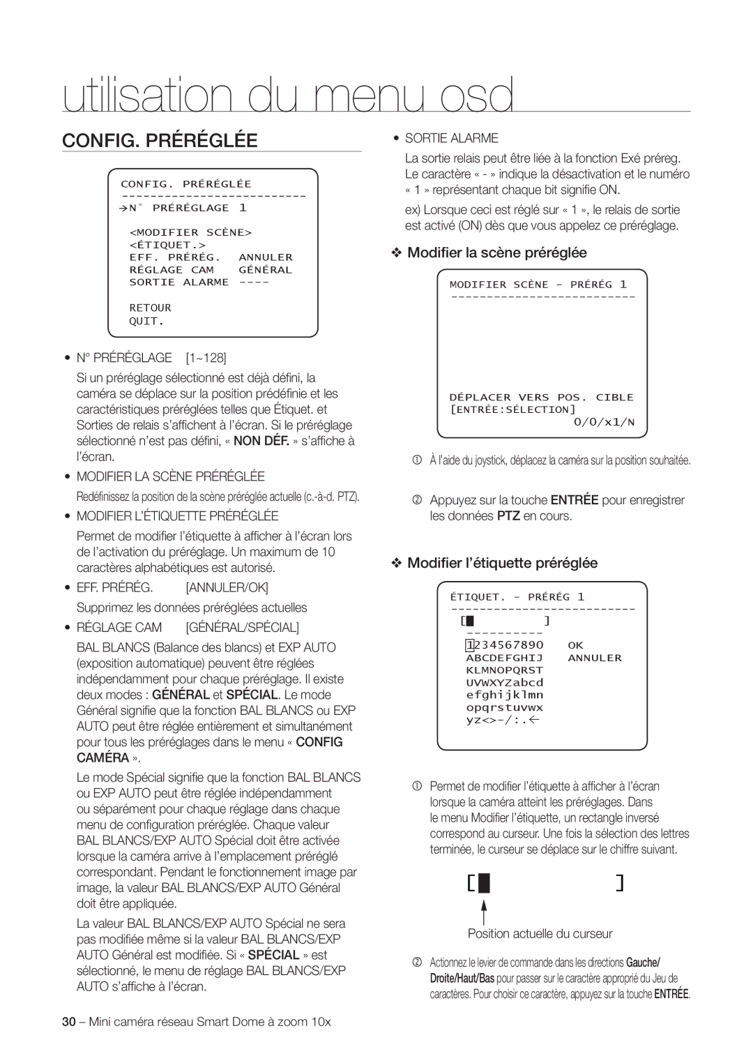 Samsung SNC-C6225P, SNC-C7225P manual CONFIG. Préréglée, Modiﬁer la scène préréglée, Modiﬁer l’étiquette préréglée 