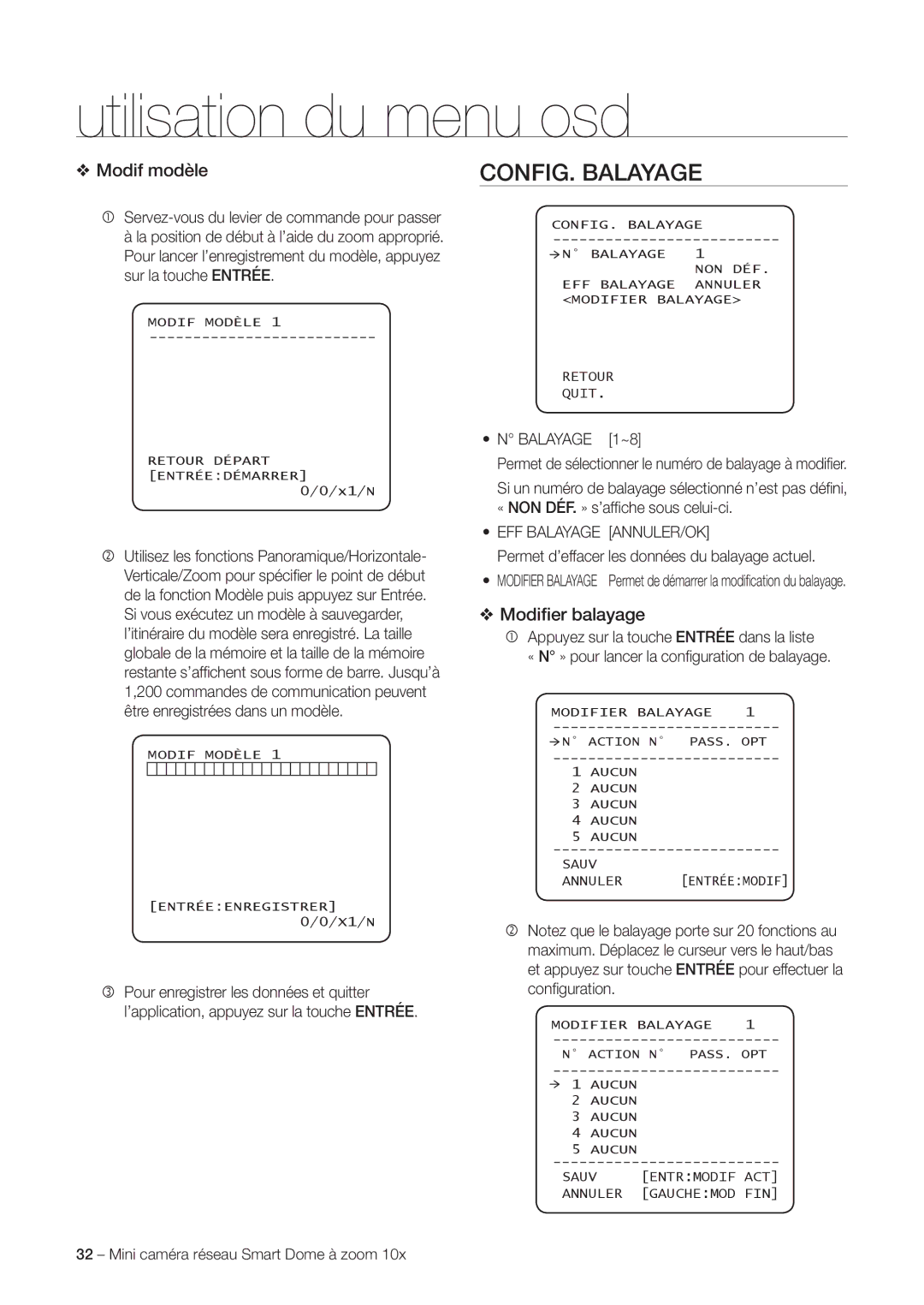 Samsung SNC-C6225P, SNC-C7225P manual CONFIG. Balayage, Modif modèle, Modiﬁer balayage, EFF Balayage ANNULER/OK 