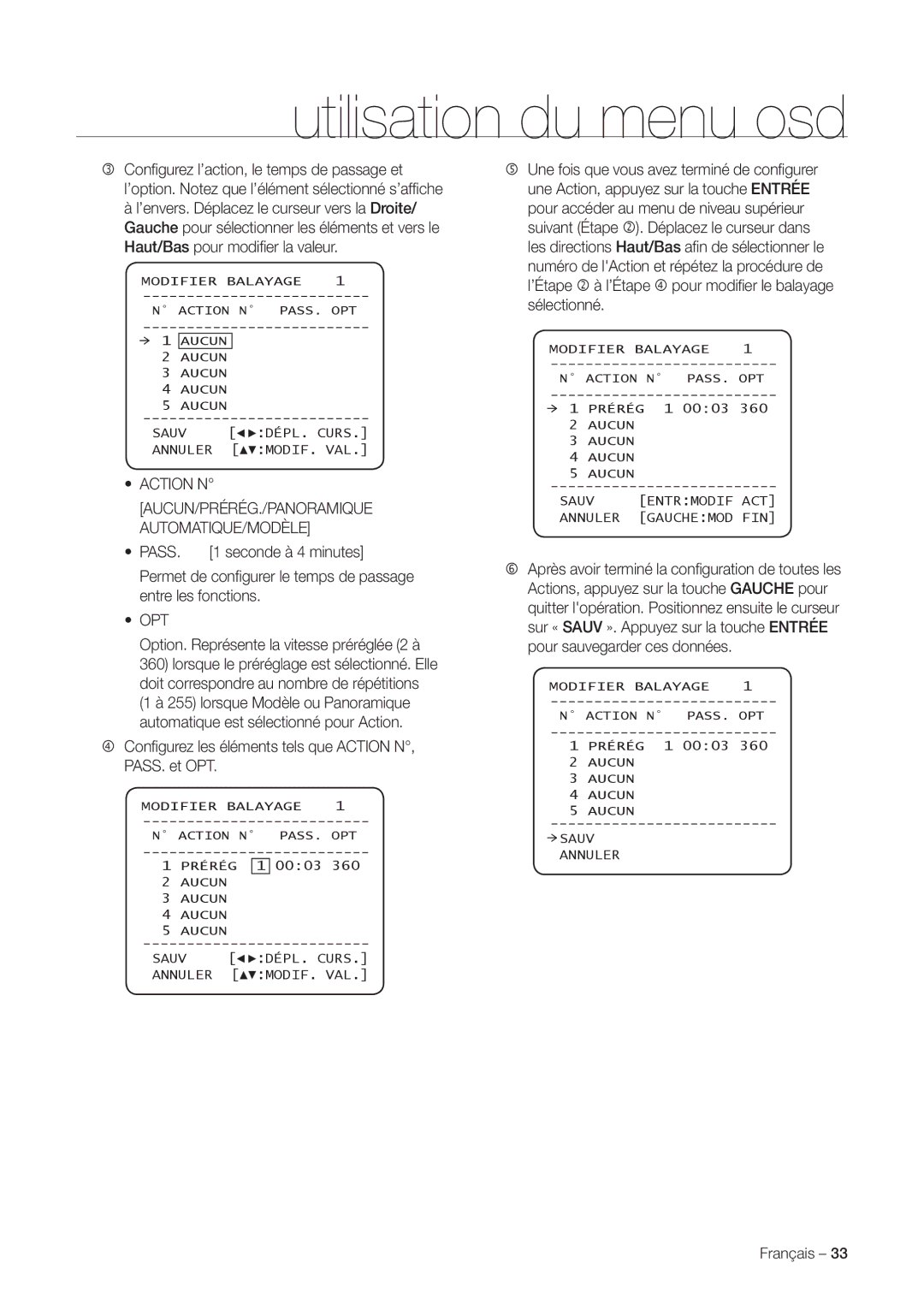 Samsung SNC-C7225P, SNC-C6225P manual Action N AUCUN/PRÉRÉG./PANORAMIQUE AUTOMATIQUE/MODÈLE Pass, Opt 