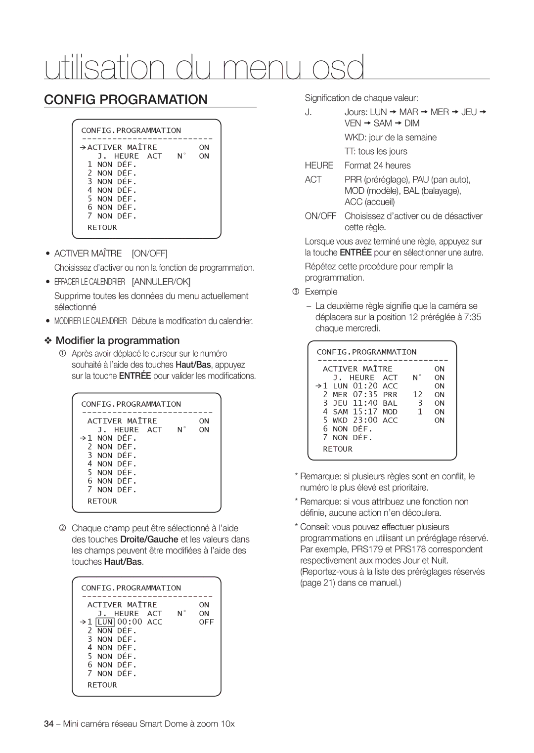 Samsung SNC-C6225P, SNC-C7225P manual Config Programation, Modiﬁer la programmation 