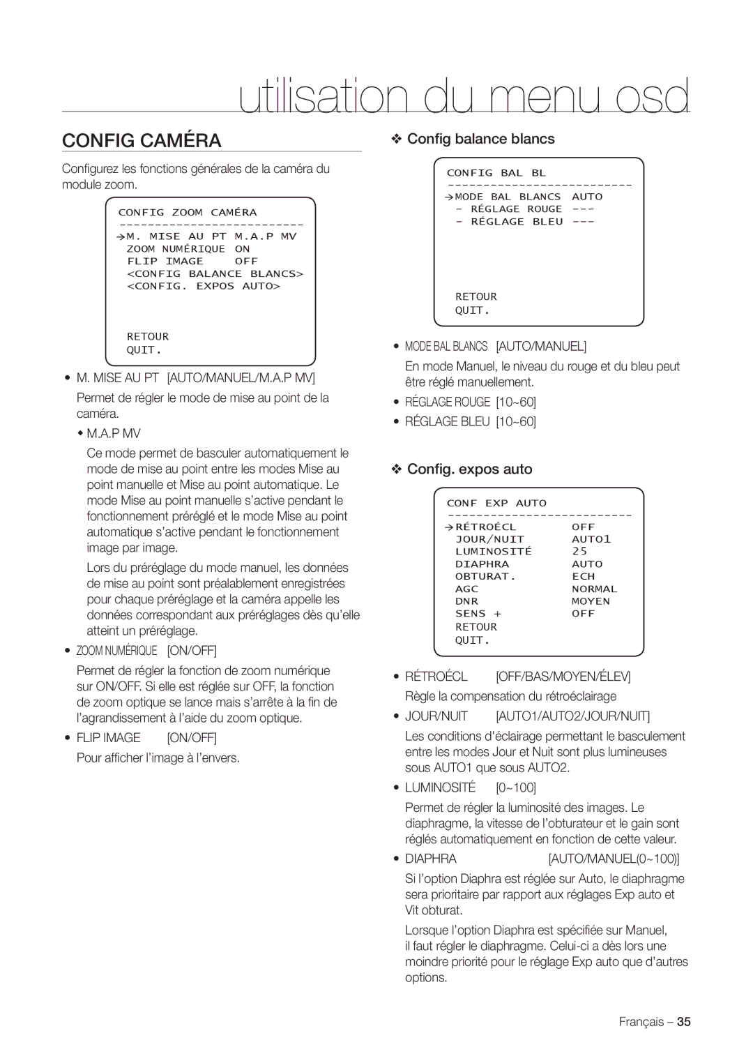 Samsung SNC-C7225P, SNC-C6225P manual Config Caméra, Conﬁg balance blancs, Conﬁg. expos auto 