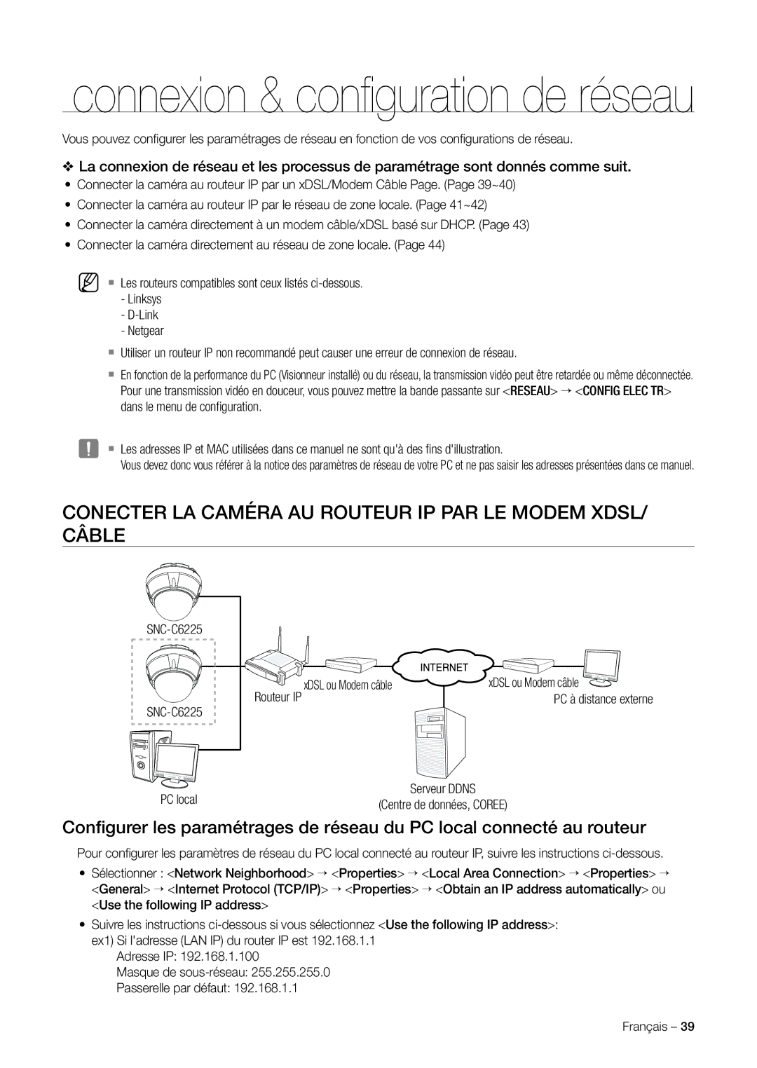 Samsung SNC-C7225P manual Connexion & conﬁ guration de réseau, Conecter LA Caméra AU Routeur IP PAR LE Modem XDSL/ Câble 