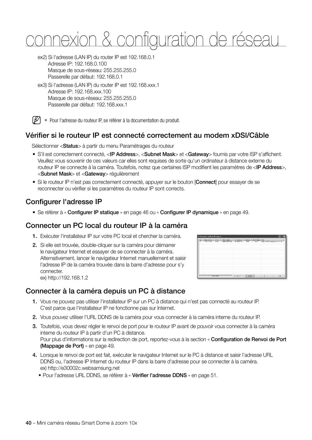 Samsung SNC-C6225P, SNC-C7225P manual Connexion & conﬁ guration de réseau 