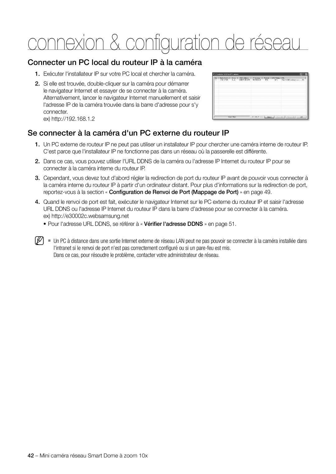 Samsung SNC-C6225P, SNC-C7225P manual Se connecter à la caméra dun PC externe du routeur IP 