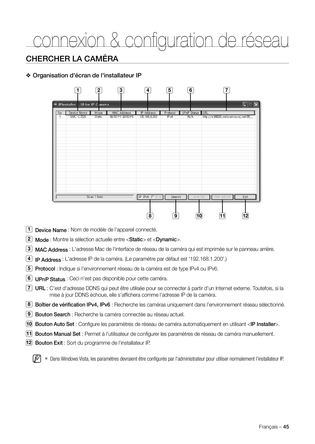 Samsung SNC-C7225P, SNC-C6225P manual Chercher LA Caméra, Organisation décran de linstallateur IP 