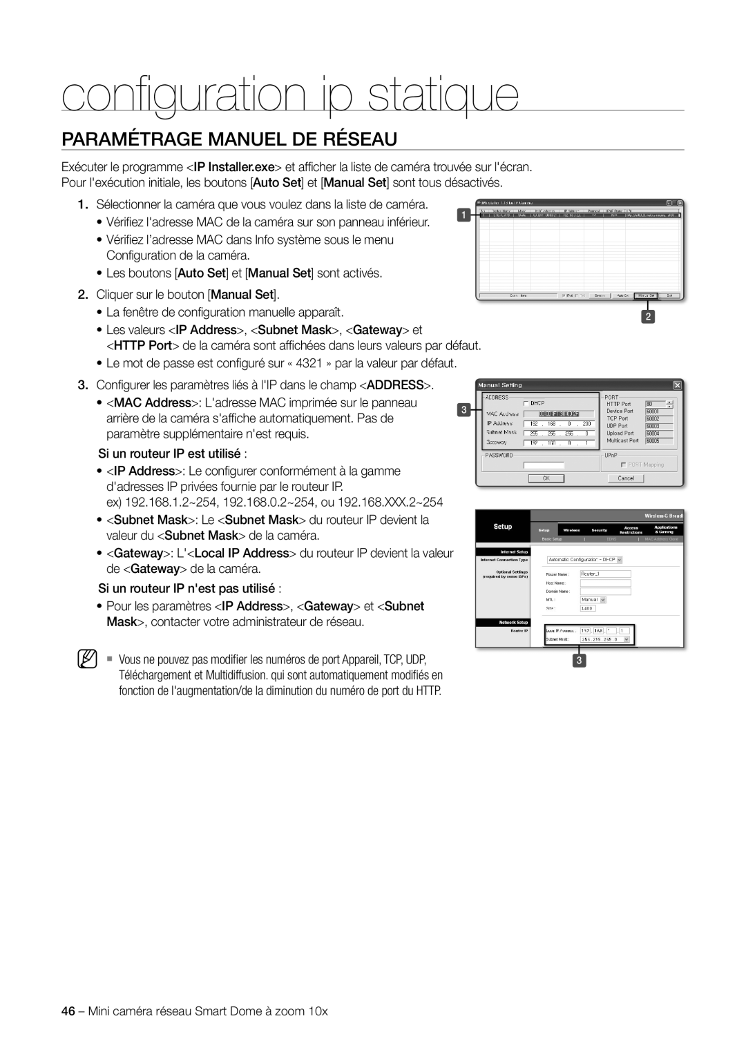 Samsung SNC-C6225P, SNC-C7225P manual Conﬁ guration ip statique, Paramétrage Manuel DE Réseau, Si un routeur IP est utilisé 