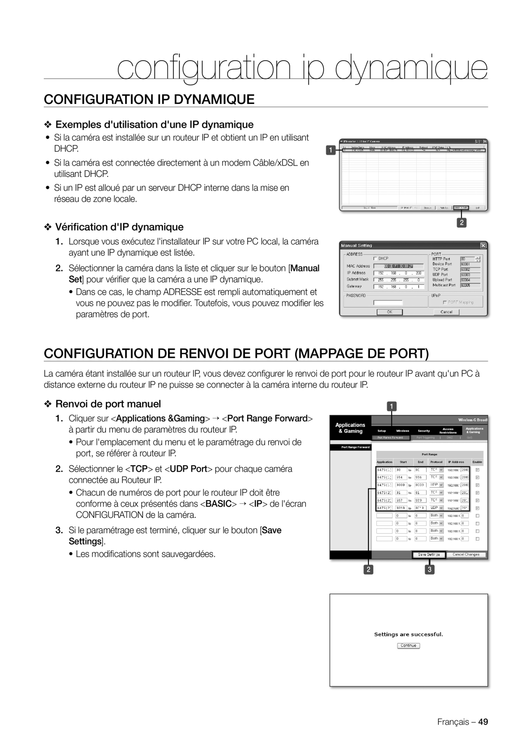 Samsung SNC-C7225P Conﬁ guration ip dynamique, Configuration IP Dynamique, Configuration DE Renvoi DE Port Mappage DE Port 