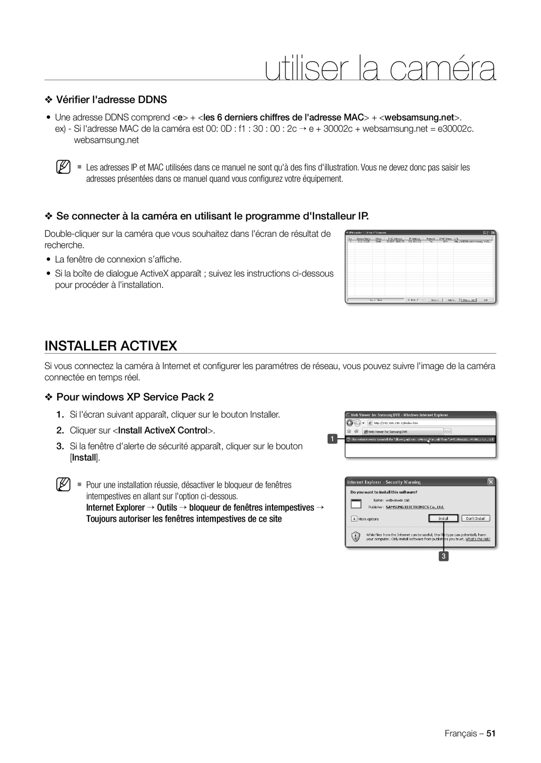 Samsung SNC-C7225P, SNC-C6225P manual Installer Activex, Vériﬁer ladresse Ddns, Pour windows XP Service Pack, Websamsung.net 