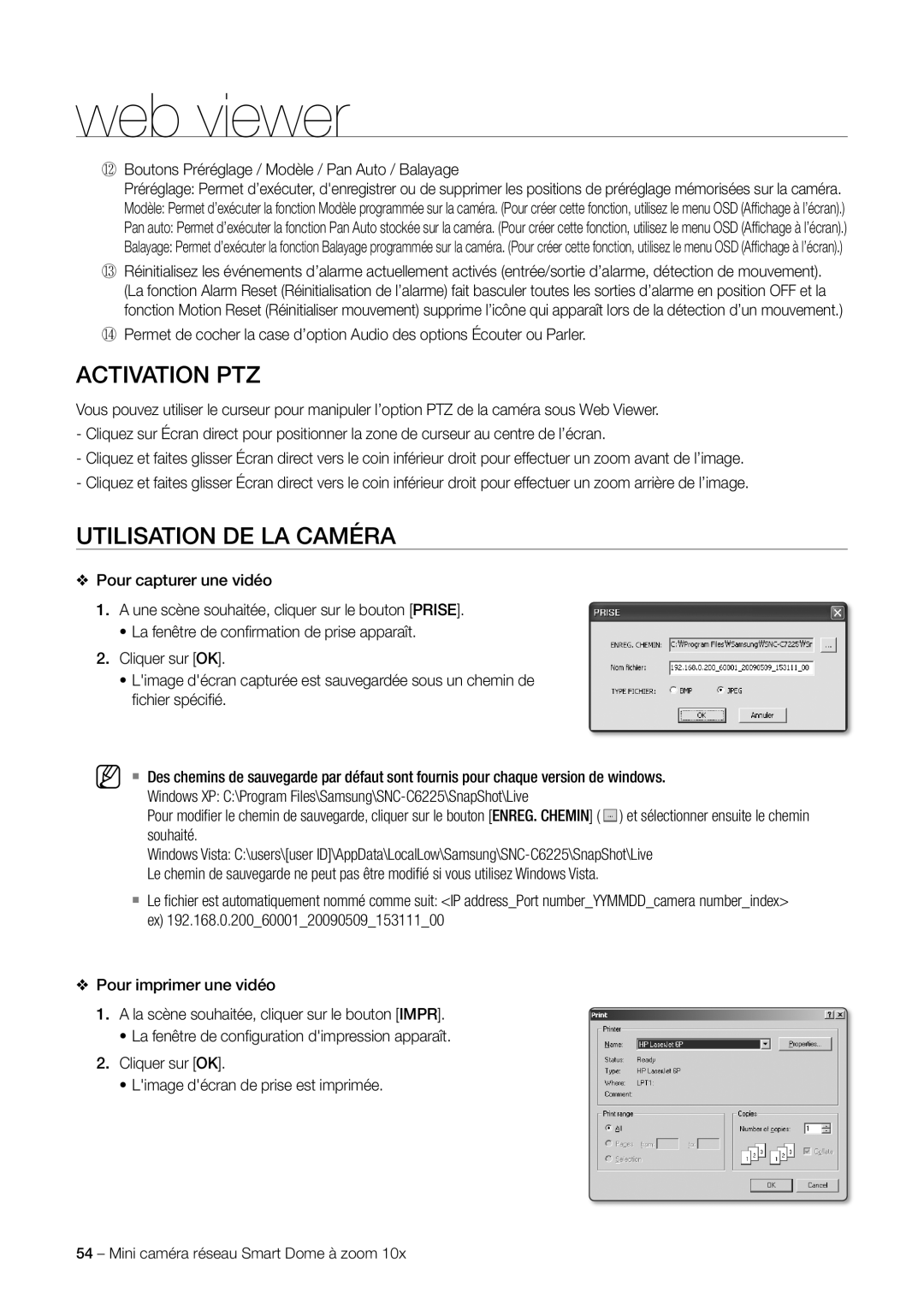 Samsung SNC-C6225P manual Activation PTZ, Utilisation DE LA Caméra, + Boutons Préréglage / Modèle / Pan Auto / Balayage 