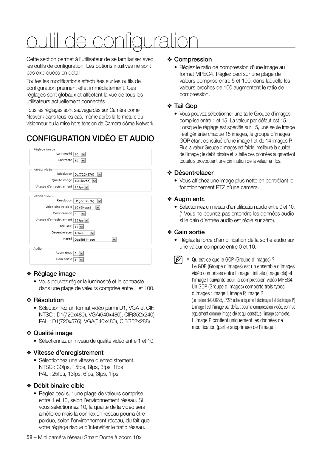 Samsung SNC-C6225P, SNC-C7225P manual Outil de conﬁ guration, Configuration Vidéo ET Audio 