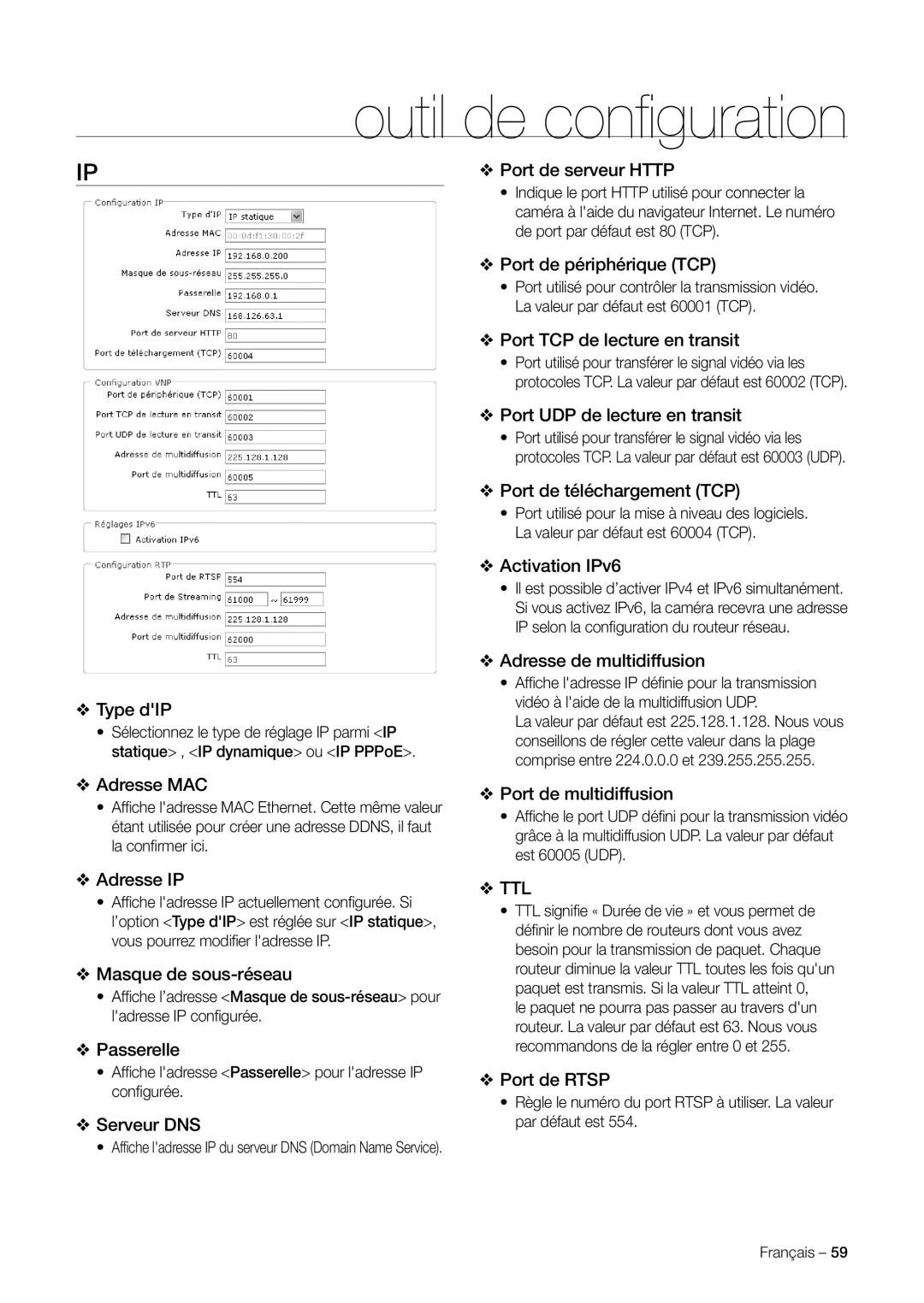 Samsung SNC-C7225P Port de serveur Http Type dIP, Port de périphérique TCP, Port TCP de lecture en transit, Adresse MAC 