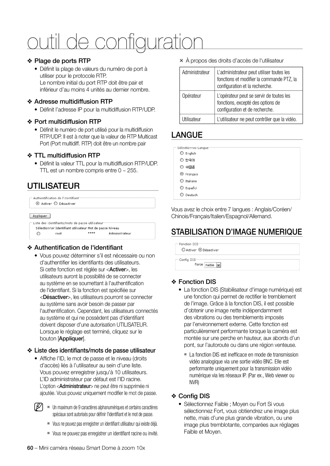 Samsung SNC-C6225P, SNC-C7225P manual Utilisateur, Langue, Stabilisation D’IMAGE Numerique 