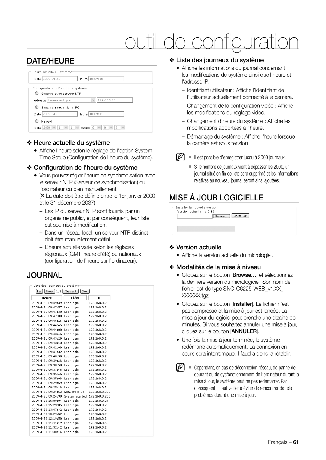 Samsung SNC-C7225P, SNC-C6225P manual Date/Heure, Journal, Mise À Jour Logicielle 