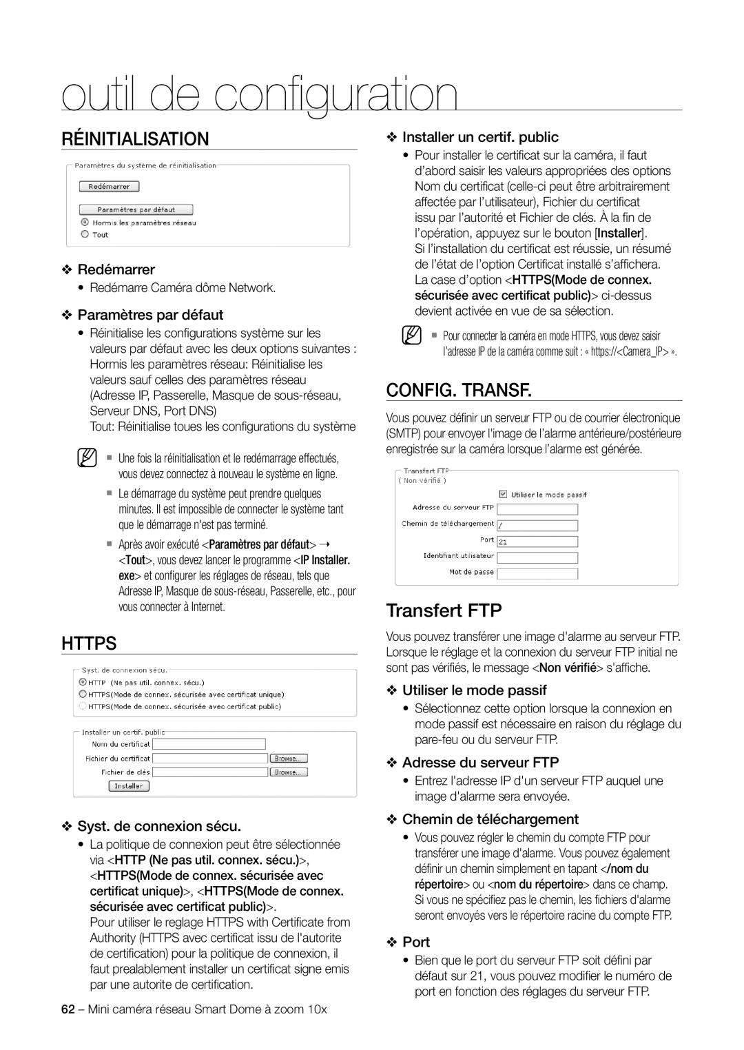 Samsung SNC-C6225P, SNC-C7225P manual Réinitialisation, Https, CONFIG. Transf 