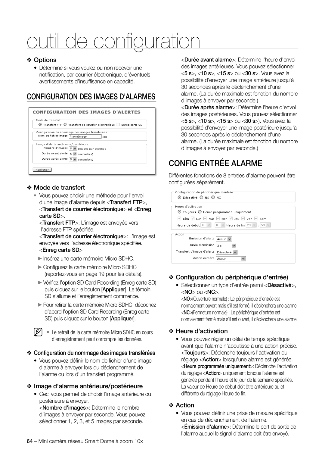 Samsung SNC-C6225P, SNC-C7225P manual Config Entrée Alarme 