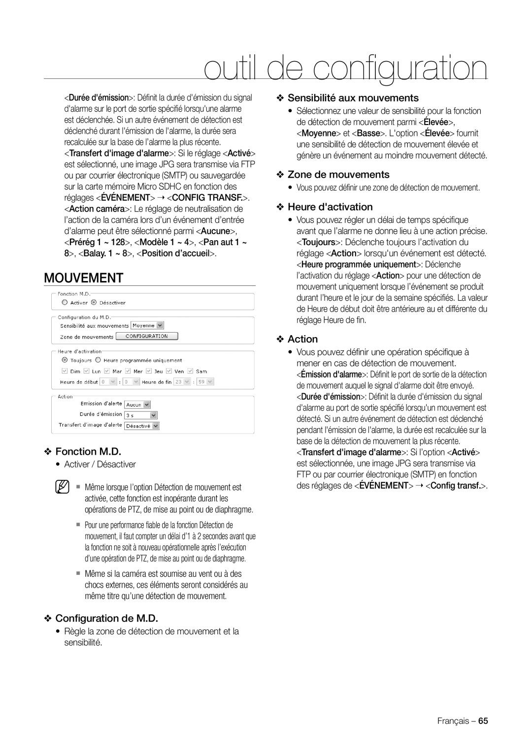 Samsung SNC-C7225P manual Mouvement, Fonction M.D, Sensibilité aux mouvements, Zone de mouvements, Conﬁguration de M.D 