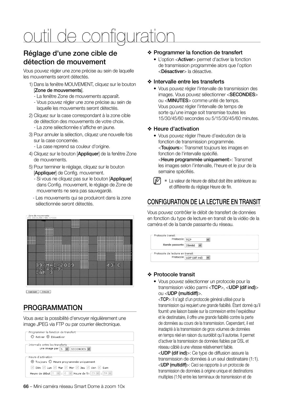 Samsung SNC-C6225P Programmation, Programmer la fonction de transfert, Intervalle entre les transferts, Protocole transit 