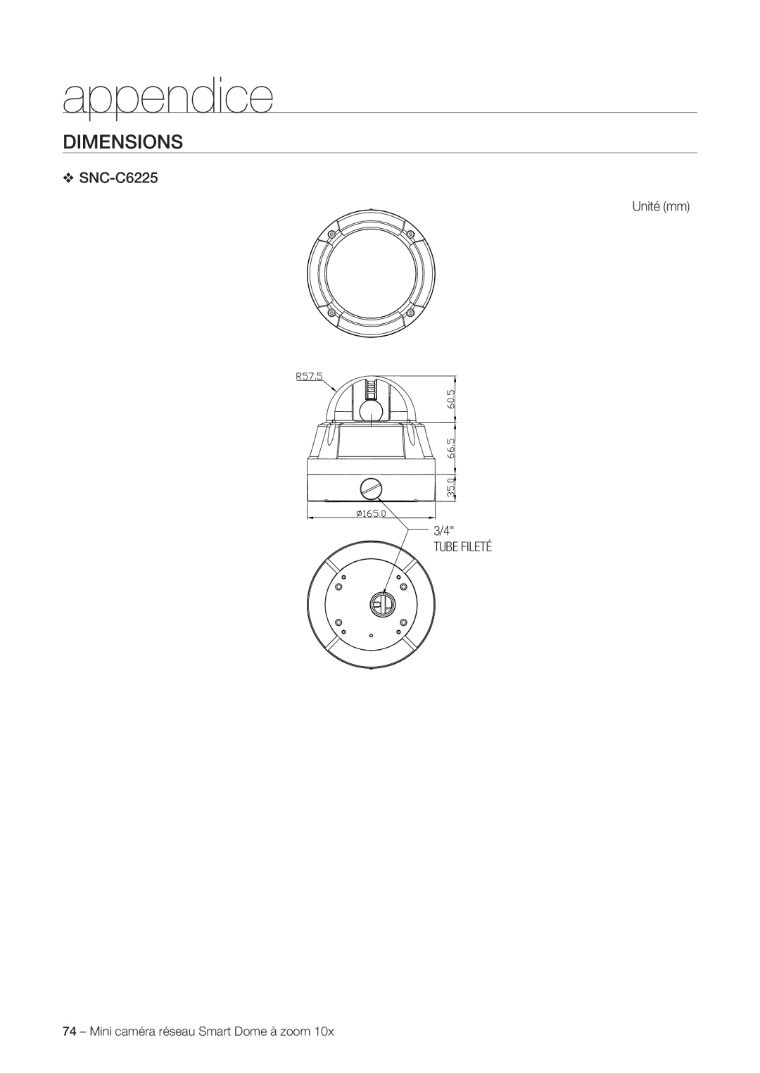 Samsung SNC-C6225P, SNC-C7225P manual Dimensions, Unité mm, Tube Fileté 