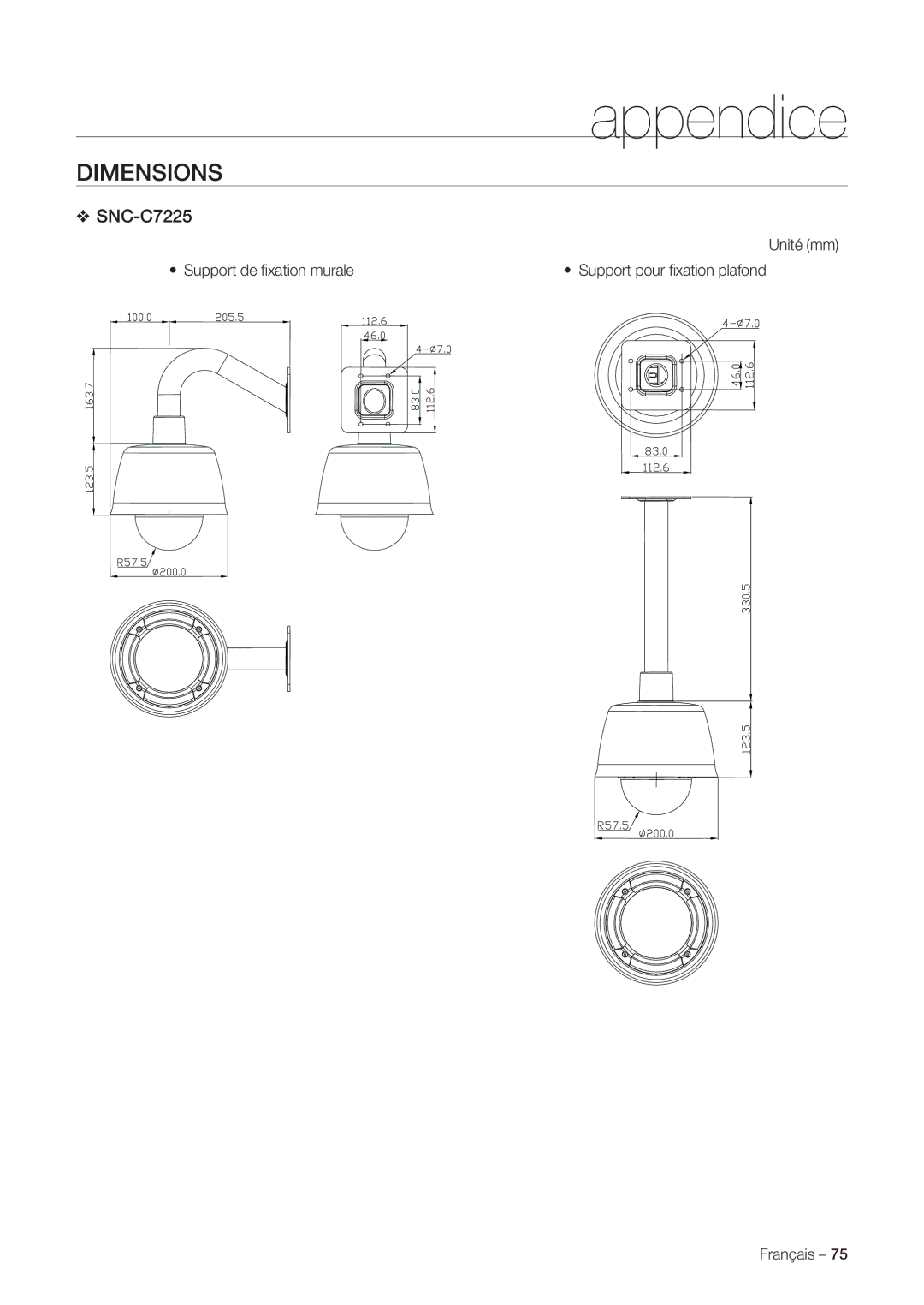 Samsung SNC-C7225P, SNC-C6225P manual Unité mm Support de ﬁ xation murale 